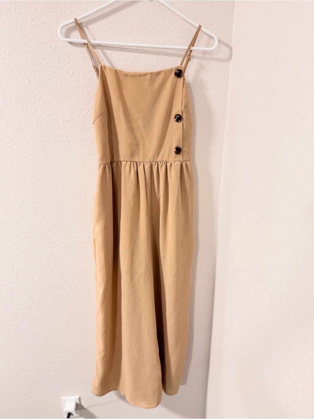 Beige Spaghetti-Strap Midi Jumpsuit with Side Button Detail